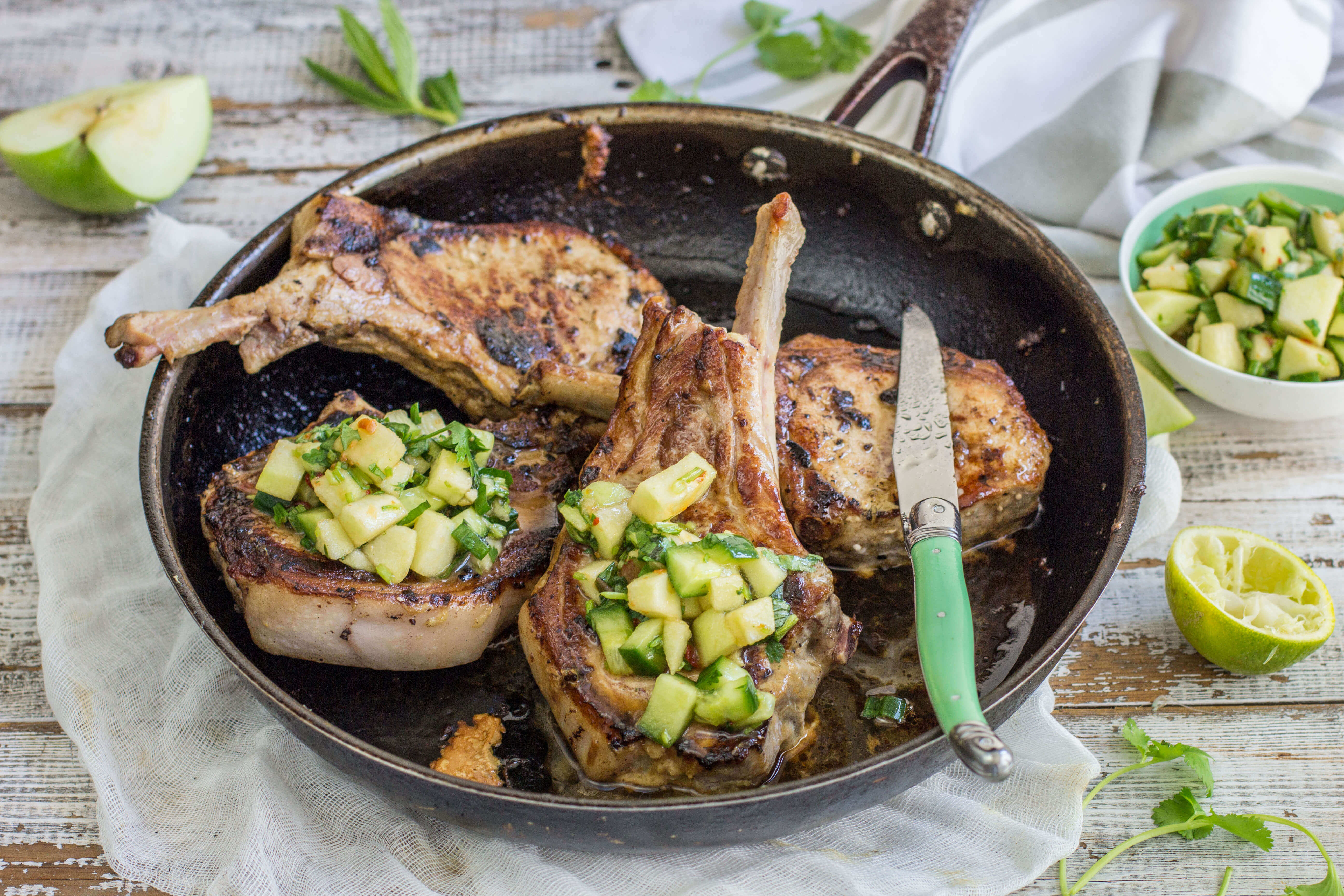 Pork Cutlets with Apple Chilli and Coriander Salsa