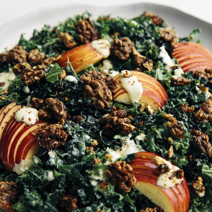 Apple, Spiced Walnut & Kale Salad with Creamy Garlic Dressing