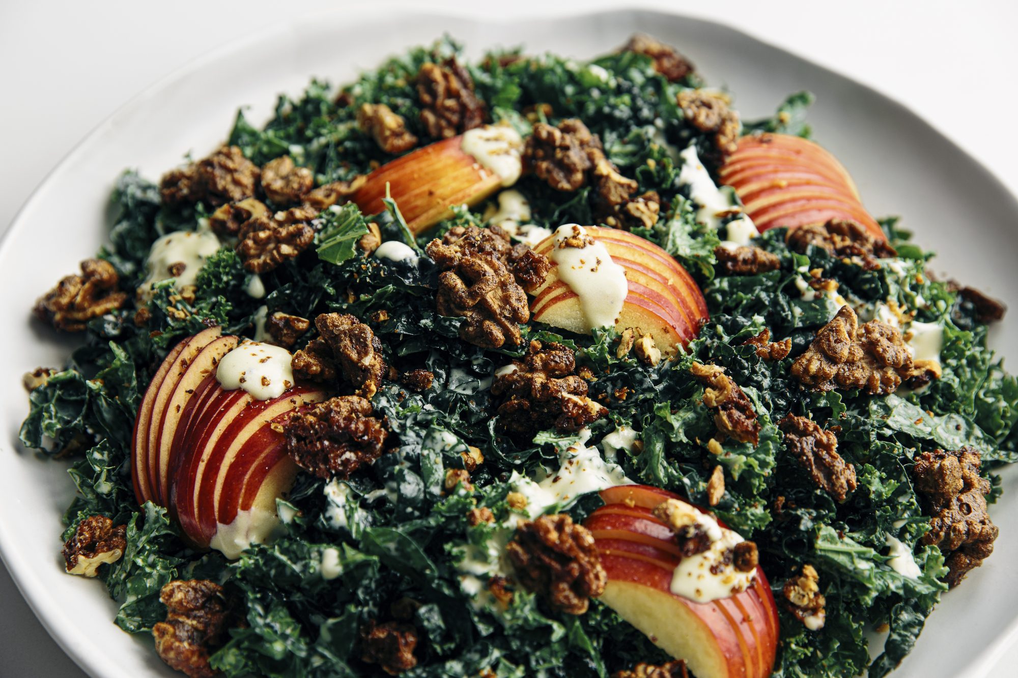 Apple, Spiced Walnut & Kale Salad with Creamy Garlic Dressing